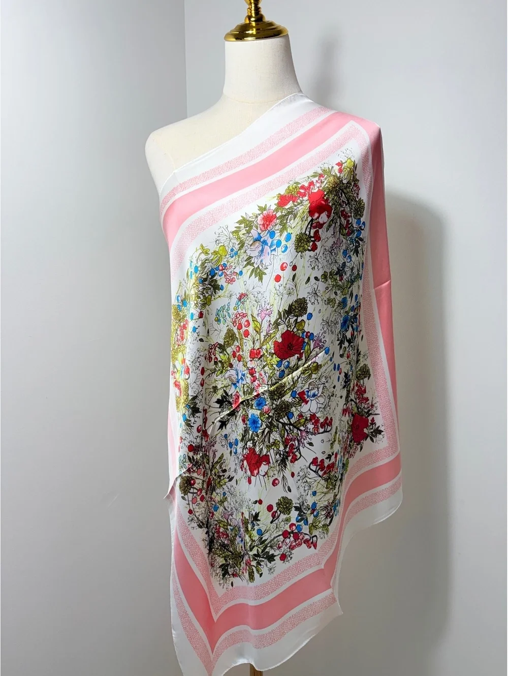 Elegant Floral Square Satin Scarf with Pink Border, 68cm x 68cm, Lightweight and